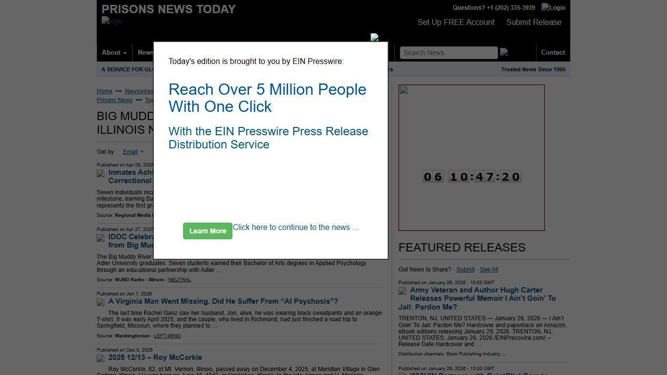 Big Muddy River Correctional Center, Illinois News Monitoring Service & Press Release Distribution - Prisons News Today - EIN Presswire